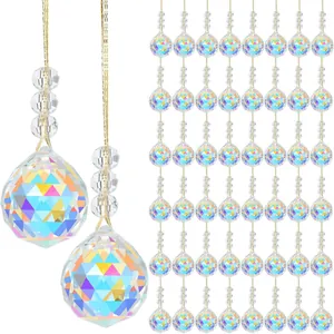 Iridescent K9 Crystal Ball Suncatcher Hanging Faceted Prism Pendant Gold Cord For Christmas Tree Wedding Party Home Decor