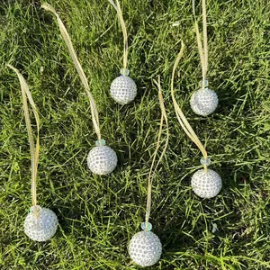 Set of 6 sparkling silver crystal ball Christmas tree ornaments with golden ropes
