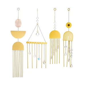 Bohemian gold metal suncatcher set with pink natural quartz and crystal prisms