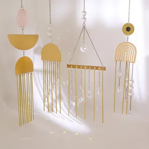 Natural Rose Quartz Crystal Suncatcher Brass Metal Tube Wind Chime For Window Garden Hanging Geometric Moon Star Bohemian Home Decor