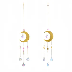 Gold moon suncatcher with crystals and stars for window hanging boho home decor