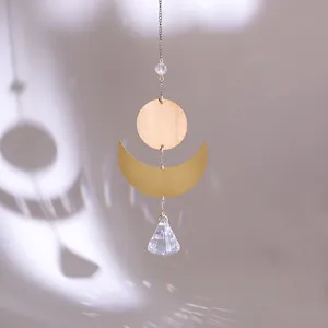 Gold brass sun and moon suncatcher with natural stone crystal prism hanging ornament