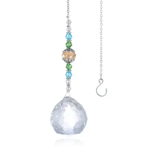 Close-up of faceted 40mm crystal ball with colorful beads and silver metal chain