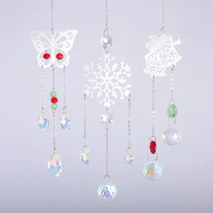 K9 Crystal Suncatcher Hanging Ornament With Stainless Steel Metal Butterfly Snowflake Bell Rainbow Maker For Window Home Decor
