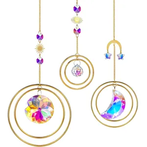 3 Piece Crystal Suncatcher Set Sun Moon Star Gold Alloy Hanging Prism Rainbow Maker Window Ornament Home Garden Decor