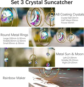 Detail showing 3-piece crystal suncatchers with moon and sun charms for home window decor
