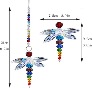 Detailed size specifications of dragonfly suncatcher with colorful crystal prism beads
