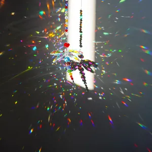 Rainbow dragonfly crystal suncatcher pendant with faceted prisms for home and garden decor