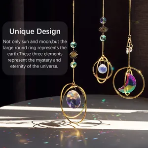 Detail showing crystal suncatchers casting colorful rainbow reflections on a white wall
