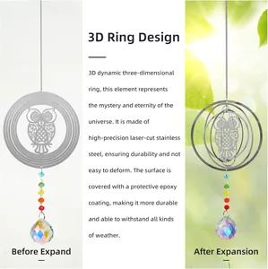 Detail of 3D owl suncatcher showing the flat storage and expanded rotating steel structure