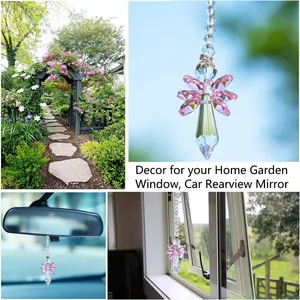 Pink crystal angel pendant suncatcher for car mirrors, windows, and garden decor