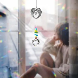 Angel wing heart crystal suncatcher with rainbow beads and memorial engraved pendant