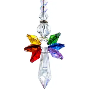 Macro shot of faceted rainbow crystal suncatcher showing colorful glass beads and pendant