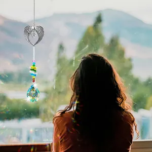 Memorial angel wing suncatcher with crystal beads and heart charm for home window decoration