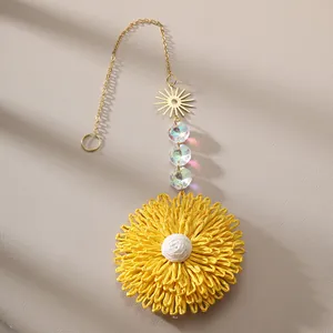 Bohemian Hand-Woven Sunflower Hanging Decoration Metal Alloy Sun Charm With Crystal Beads Car Garden Party Ornament