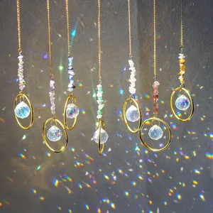 Natural Stone Crystal Suncatcher Prism Hanging Ornament Handmade Window Decor Metal Ring For Indoor Outdoor Garden Home