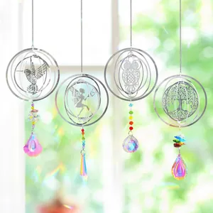Set of 4 hanging crystal suncatchers with hummingbird, owl, fairy, and tree of life motifs
