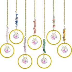 7-piece crystal sun catcher set with gold chains and natural stones for home window decor