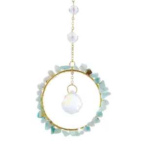 Handmade sun catcher with natural aquamarine crystals and faceted glass ball pendant