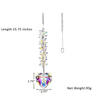 Crystal suncatcher with faceted heart prism and beads for garden window decoration