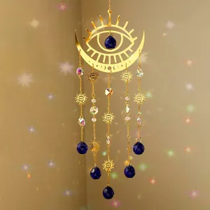 Bohemian Alloy Evil Eye Suncatcher Golden Moon Sun Crystal Wind Chime Rainbow Prism Hanging Ornament For Garden Home Window