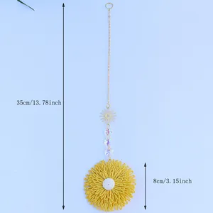 Bohemian handmade woven flower hanging ornament with golden sun pendant for garden party décor
