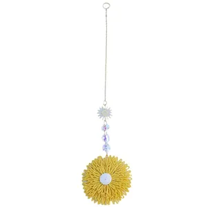 Handmade woven flower suncatcher with rainbow crystals and golden pendant for car decor