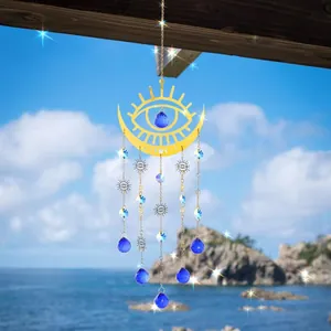 Bohemian moon and evil eye suncatcher with blue crystal drops for outdoor garden decor