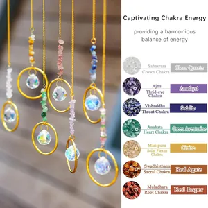 Detail of 7 chakra hanging crystals showing natural gemstones with a crystal ball prism