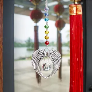 Rainbow crystal suncatcher with silver angel wings and colorful beads for garden decor