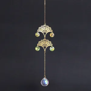 Golden ginkgo leaf suncatcher with faceted crystal ball for home window rainbow making