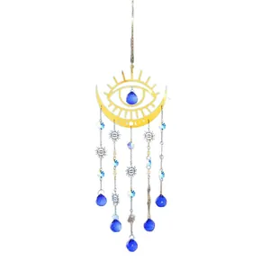 Blue Evil Eye Suncatcher with Crescent Moon and Crystal Pendants Garden Decor