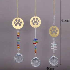 Detail of 41cm cat paw suncatchers featuring heart motifs and 40mm faceted crystal spheres