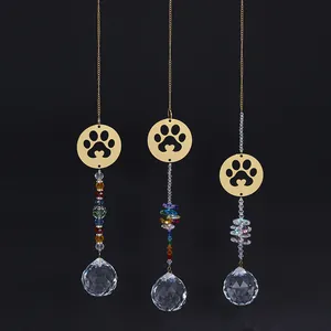 Crystal Suncatcher Hanging Ornament With Alloy Cat Paw Heart Plate Rainbow Maker Faceted Crystal Ball For Window Garden Home Decor