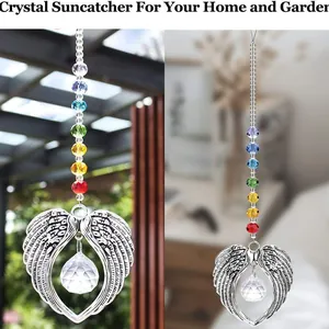 Angel wings suncatcher with rainbow beads and faceted crystal ball for garden decor