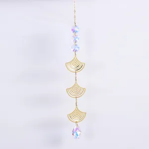 Golden ginkgo leaf suncatcher with rainbow crystal prisms for window garden decoration