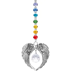 Crystal angel wings suncatcher with colorful chakra beads and faceted glass ball