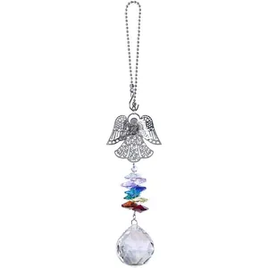 Guardian angel suncatcher with rainbow crystals and multi-faceted clear sphere pendant