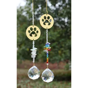 Cat paw crystal suncatchers with gold metal charm and colorful beads for garden decor
