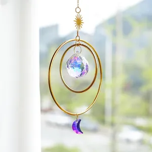 Golden sun and moon crystal suncatcher with prismatic ball for window garden decor