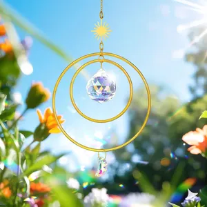 Crystal Suncatcher Wind Chime Hanging Decoration Gold Alloy Sun Moon Pendant With Prism Ball For Window Home Garden Decor