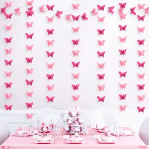Guirnalda de mariposas 3D de PVC rosa y magenta para decoración de paredes de fiestas