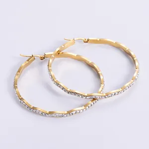 Trendy Roestvrij Staal Vergulde Grote Oorringen Voor Vrouwen Elegant Golfontwerp Strass Geometrische Sieraden Cadeau