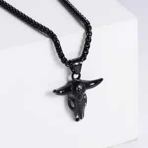 Polished black stainless steel bull skull pendant necklace with box chain for men