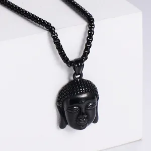 Collar con colgante de cabeza de Buda en acero inoxidable negro con cadena de cuentas