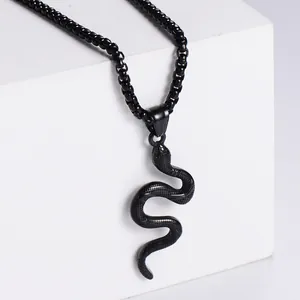 Creative black stainless steel snake pendant with detailed scales on a box chain necklace