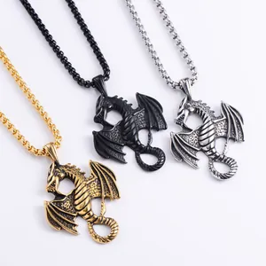 Set de collares con colgante de dragón en acero inoxidable oro, negro y plata mate