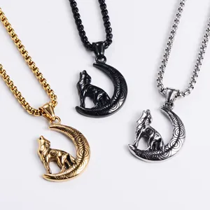 Collana lupo che ulula alla luna in acciaio inossidabile color oro nero e argento