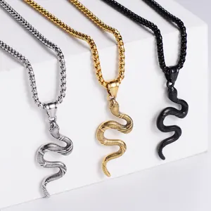 Stainless Steel Snake Pendant Necklace With Box Chain Gothic Punk Animal Scale Texture Jewelry For Men Women Daily Party Wear