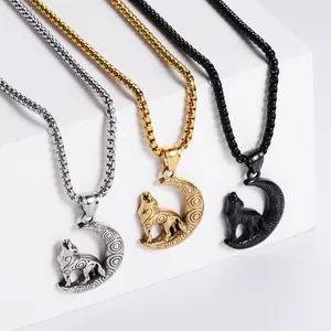 Tre ciondoli lupo e luna in argento oro e nero con robuste catene a scatola